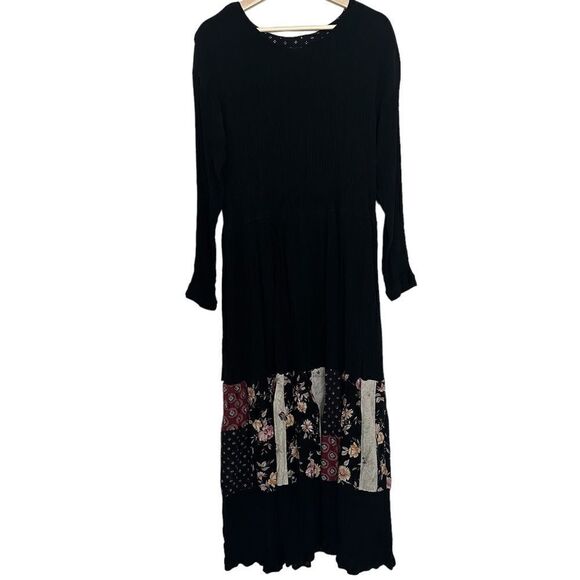 Vintage Black Modest Boho Floral Patches Long Sleeved Maxi Casual Hippie Dress - Picture 9 of 11